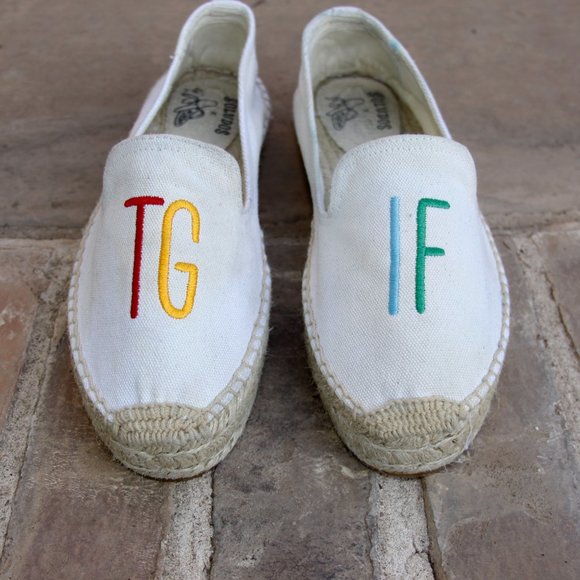 Soludos Natural Ivory Canvas Colorful TGIF Espadrilles Slip On Shoes Size 8.5 - Picture 2 of 8